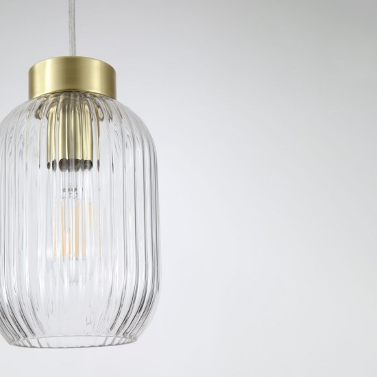 Satin Brass Pendant with Clear Ribbed Glass ∅ 14 cm