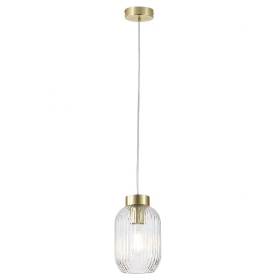 Satin Brass Pendant with Clear Ribbed Glass ∅ 14 cm