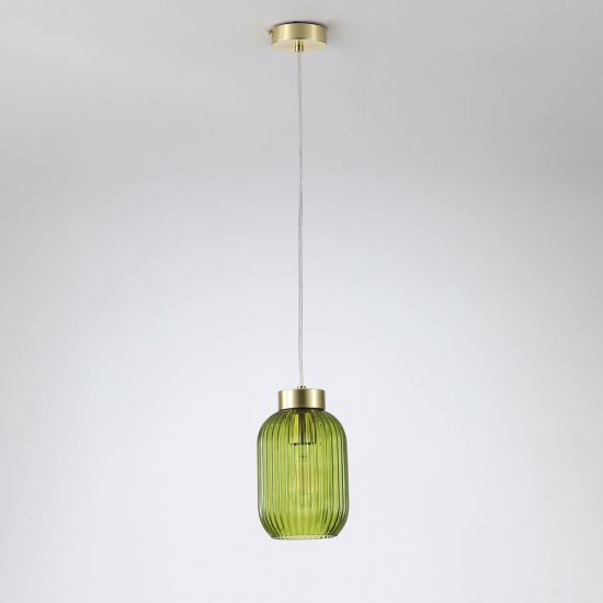 Satin Brass Pendant with Green Ribbed Glass ∅ 14 cm
