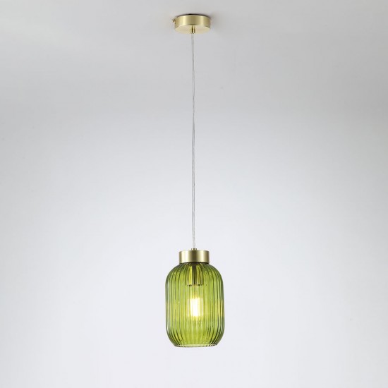 Satin Brass Pendant with Green Ribbed Glass ∅ 14 cm