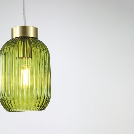 Satin Brass Pendant with Green Ribbed Glass ∅ 14 cm