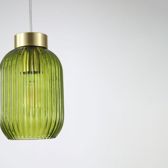 Satin Brass Pendant with Green Ribbed Glass ∅ 14 cm