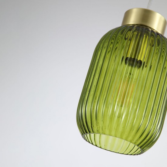 Satin Brass Pendant with Green Ribbed Glass ∅ 14 cm