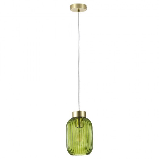 Satin Brass Pendant with Green Ribbed Glass ∅ 14 cm