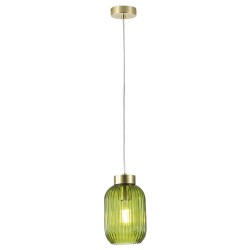 Satin Brass Pendant with Green Ribbed Glass ∅ 14 cm