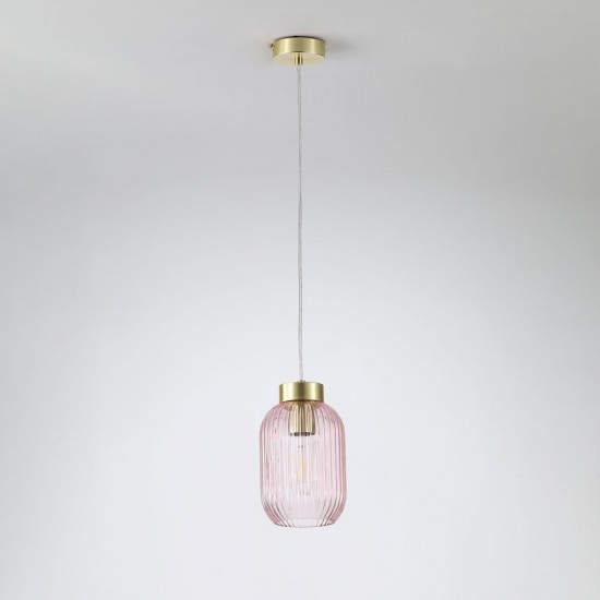 Satin Brass Pendant with Pink Ribbed Glass ∅ 14 cm