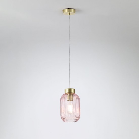 Satin Brass Pendant with Pink Ribbed Glass ∅ 14 cm