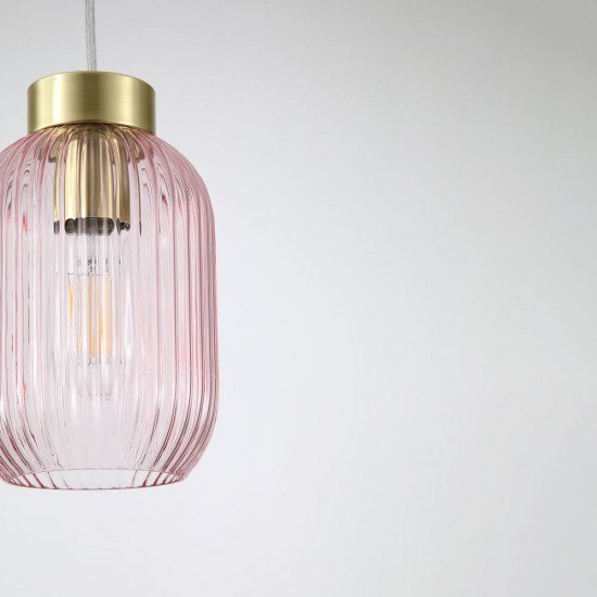 Satin Brass Pendant with Pink Ribbed Glass ∅ 14 cm