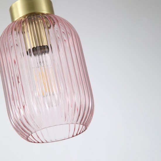 Satin Brass Pendant with Pink Ribbed Glass ∅ 14 cm