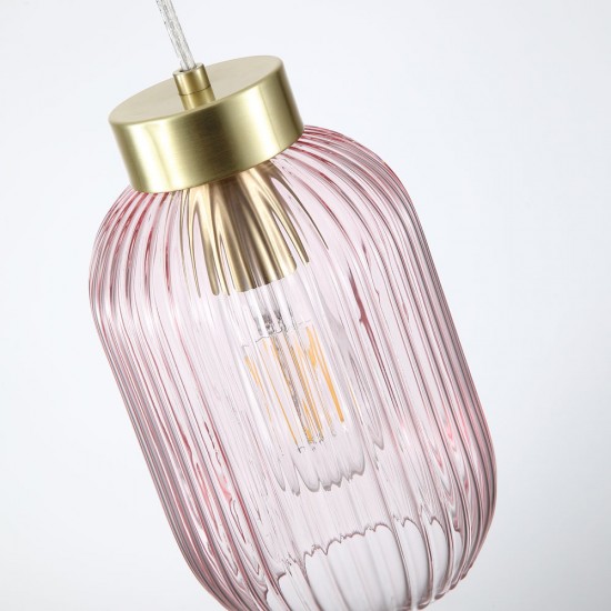 Satin Brass Pendant with Pink Ribbed Glass ∅ 14 cm