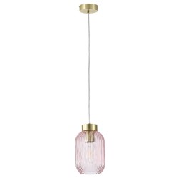 Satin Brass Pendant with Pink Ribbed Glass ∅ 14 cm Satin Brass Pendant with Pink Ribbed Glass ∅ 14 cm