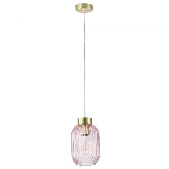 Satin Brass Pendant with Pink Ribbed Glass ∅ 14 cm