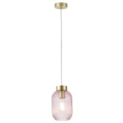 Satin Brass Pendant with Pink Ribbed Glass ∅ 14 cm