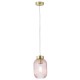 Satin Brass Pendant with Pink Ribbed Glass ∅ 14 cm