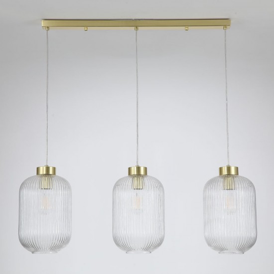 Satin Brass 3 Light over Island Fitting with Clear Ribbed Big Glass