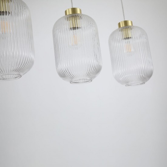 Satin Brass 3 Light over Island Fitting with Clear Ribbed Big Glass