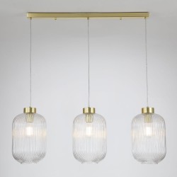Satin Brass 3 Light over Island Fitting with Clear Ribbed Big Glass Satin Brass 3 Light over Island Fitting with Clear Ribbed Big Glass