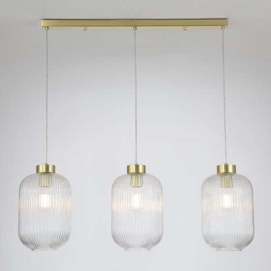 Satin Brass 3 Light over Island Fitting with Clear Ribbed Big Glass