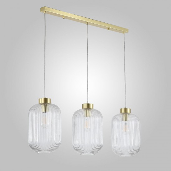 Satin Brass 3 Light over Island Fitting with Clear Ribbed Big Glass