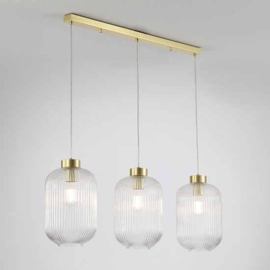 Satin Brass 3 Light over Island Fitting with Clear Ribbed Big Glass