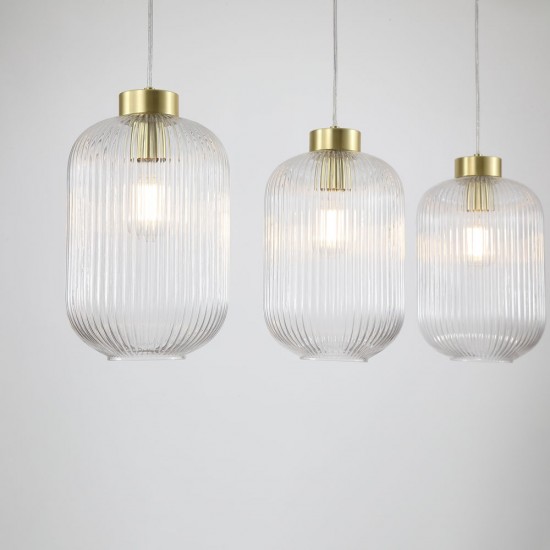 Satin Brass 3 Light over Island Fitting with Clear Ribbed Big Glass