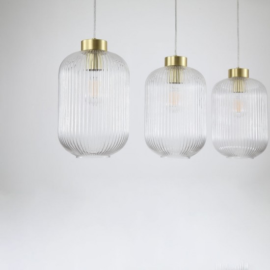 Satin Brass 3 Light over Island Fitting with Clear Ribbed Big Glass