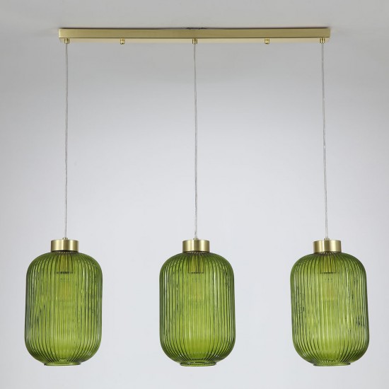 Satin Brass 3 Light over Island Fitting with Green Ribbed Big Glass Satin Brass 3 Light over Island Fitting with Green Ribbed Big Glass