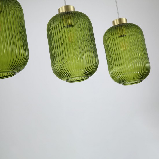Satin Brass 3 Light over Island Fitting with Green Ribbed Big Glass Satin Brass 3 Light over Island Fitting with Green Ribbed Big Glass