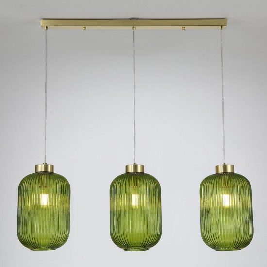 Satin Brass 3 Light over Island Fitting with Green Ribbed Big Glass Satin Brass 3 Light over Island Fitting with Green Ribbed Big Glass