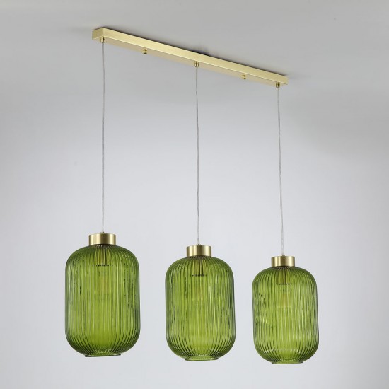 Satin Brass 3 Light over Island Fitting with Green Ribbed Big Glass Satin Brass 3 Light over Island Fitting with Green Ribbed Big Glass