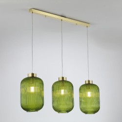 Satin Brass 3 Light over Island Fitting with Green Ribbed Big Glass