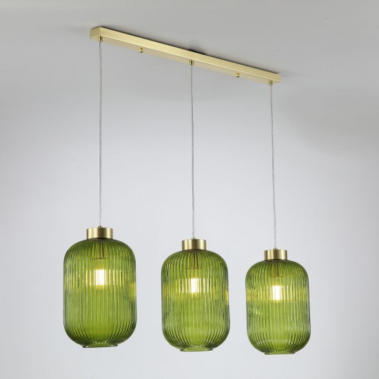 Satin Brass 3 Light over Island Fitting with Green Ribbed Big Glass Satin Brass 3 Light over Island Fitting with Green Ribbed Big Glass