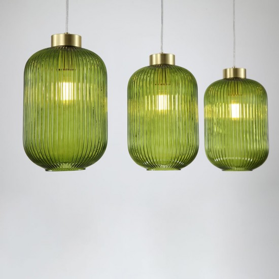 Satin Brass 3 Light over Island Fitting with Green Ribbed Big Glass Satin Brass 3 Light over Island Fitting with Green Ribbed Big Glass