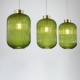 Satin Brass 3 Light over Island Fitting with Green Ribbed Big Glass Satin Brass 3 Light over Island Fitting with Green Ribbed Big Glass