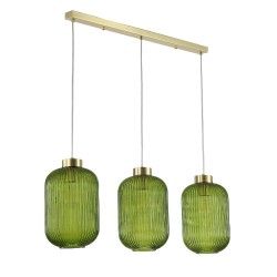 Satin Brass 3 Light over Island Fitting with Green Ribbed Big Glass Satin Brass 3 Light over Island Fitting with Green Ribbed Big Glass