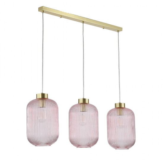 Satin Brass 3 Light over Island Fitting with Pink Ribbed Big Glass