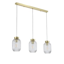 Satin Brass 3 Light over Island Fitting with Clear Ribbed Small Glass Satin Brass 3 Light over Island Fitting with Clear Ribbed Small Glass