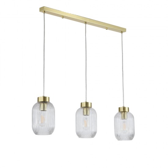 Satin Brass 3 Light over Island Fitting with Clear Ribbed Small Glass Satin Brass 3 Light over Island Fitting with Clear Ribbed Small Glass