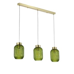 Satin Brass 3 Light over Island Fitting with Green Ribbed Small Glass Satin Brass 3 Light over Island Fitting with Green Ribbed Small Glass