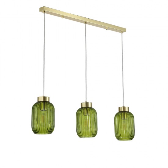 Satin Brass 3 Light over Island Fitting with Green Ribbed Small Glass Satin Brass 3 Light over Island Fitting with Green Ribbed Small Glass