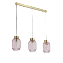 Satin Brass 3 Light over Island Fitting with Pink Ribbed Small Glass Satin Brass 3 Light over Island Fitting with Pink Ribbed Small Glass