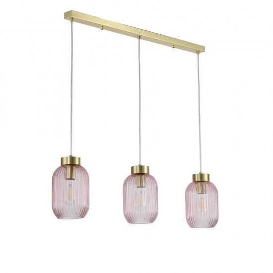 Satin Brass 3 Light over Island Fitting with Pink Ribbed Small Glass