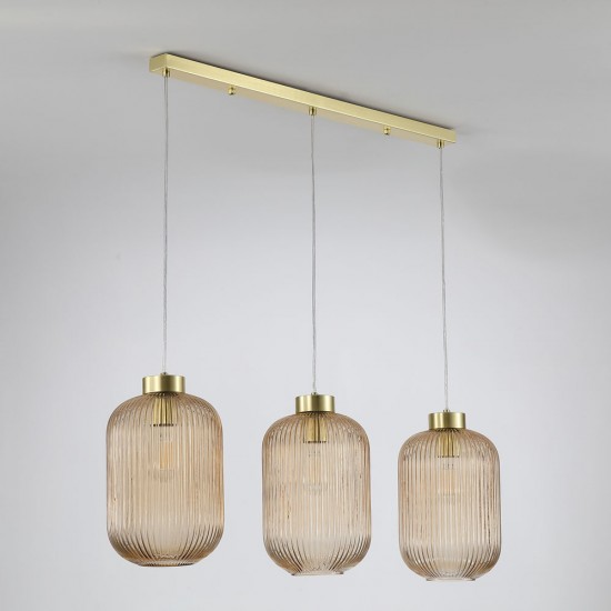 Satin Brass 3 Light over Island Fitting with Amber Ribbed Big Glass