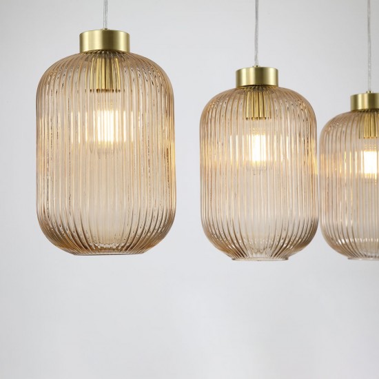 Satin Brass 3 Light over Island Fitting with Amber Ribbed Big Glass