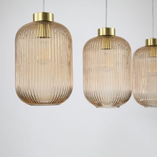 Satin Brass 3 Light over Island Fitting with Amber Ribbed Big Glass