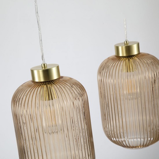 Satin Brass 3 Light over Island Fitting with Amber Ribbed Big Glass