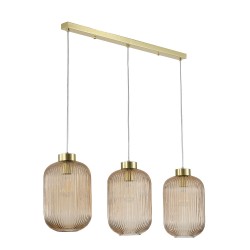 Satin Brass 3 Light over Island Fitting with Amber Ribbed Big Glass Satin Brass 3 Light over Island Fitting with Amber Ribbed Big Glass