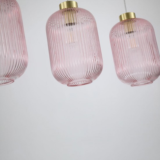 Satin Brass 3 Light over Island Fitting with Pink Ribbed Big Glass