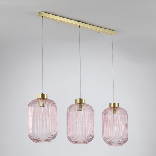 Satin Brass 3 Light over Island Fitting with Pink Ribbed Big Glass
