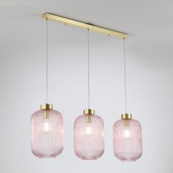 Satin Brass 3 Light over Island Fitting with Pink Ribbed Big Glass Satin Brass 3 Light over Island Fitting with Pink Ribbed Big Glass